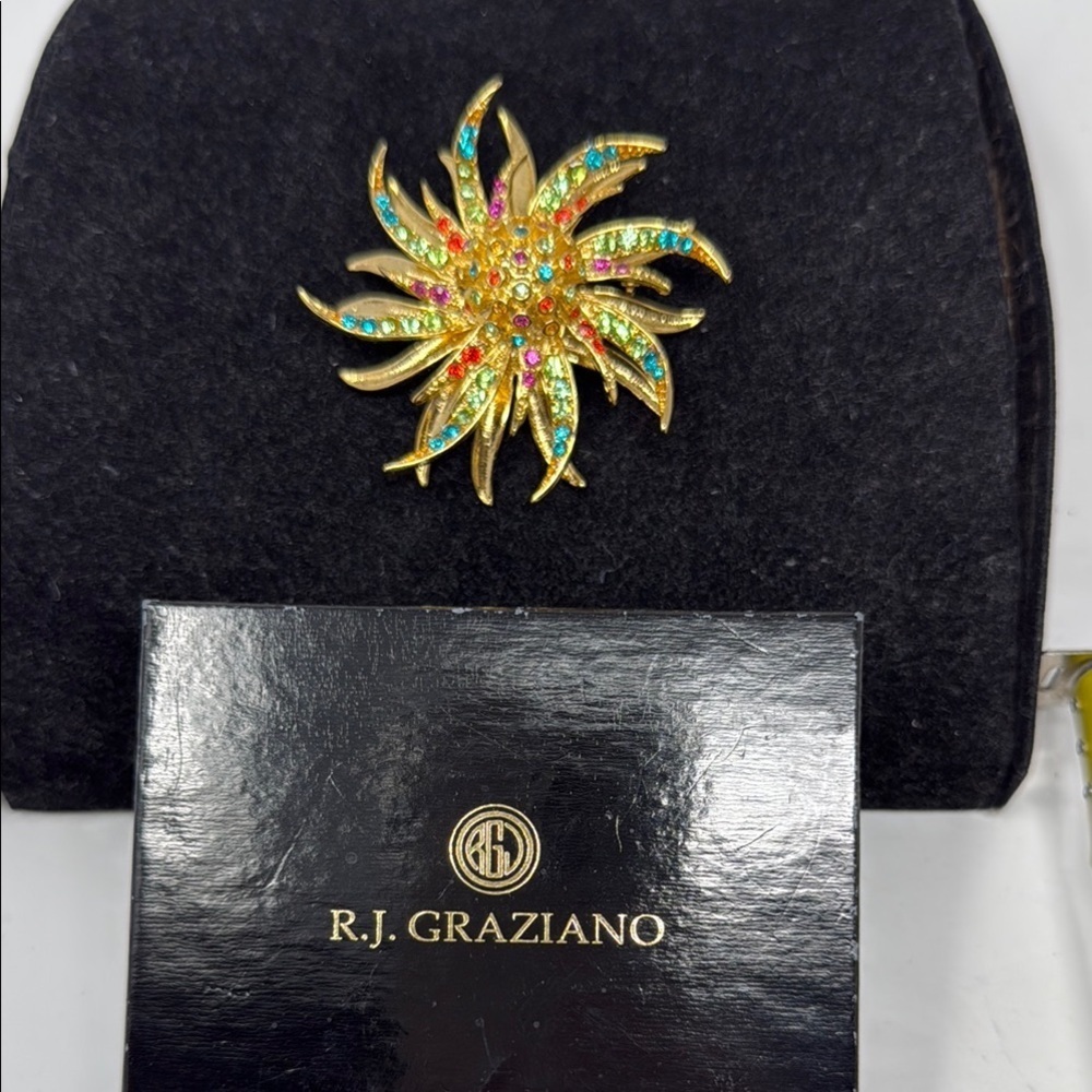 R.J. Graziano Beautiful Multi Color Rhinestone Brooch with box RARE